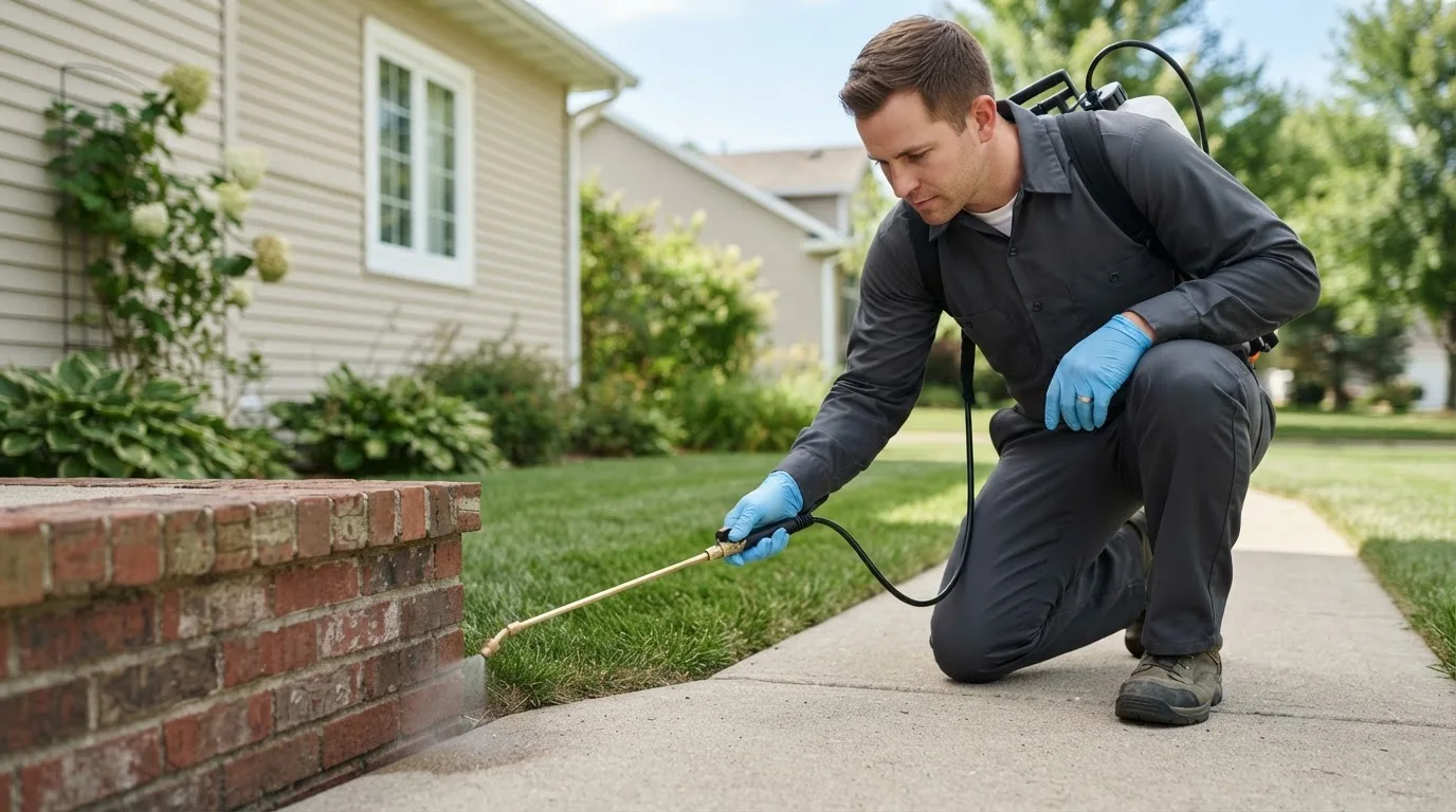 Pest control technician treating a home near Lindenwood, IL