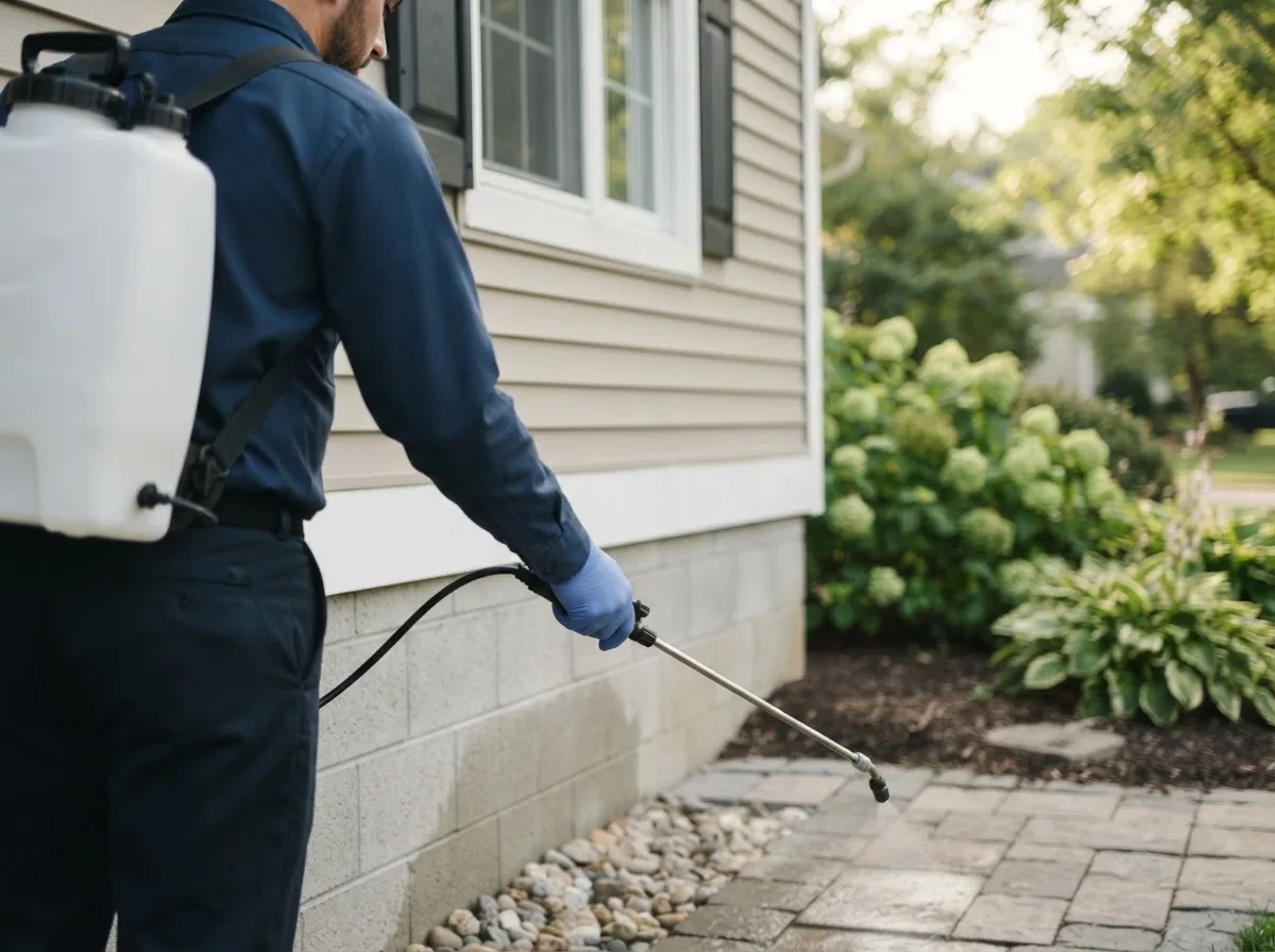 Pest control technician inspecting a home in Lindenwood, IL